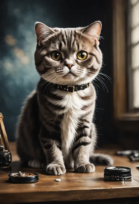 Cinema Photography Chalk Painting, Oil Painting, Award-winning Renderman, Wild Scottish Fold Cat, Corporate Punk, hyperdetails, Art by Winslow Homer . 35 mm photo, movie, Bokeh, Professional, 4K, Highly detailed