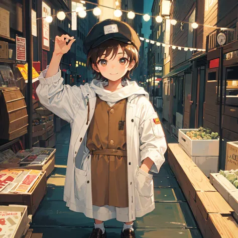 8 year old boy,brown hair and eyes,Light brown newsboy cap and shearling shoes,White coat,cute little,animesque,Big eyes,Shy smile