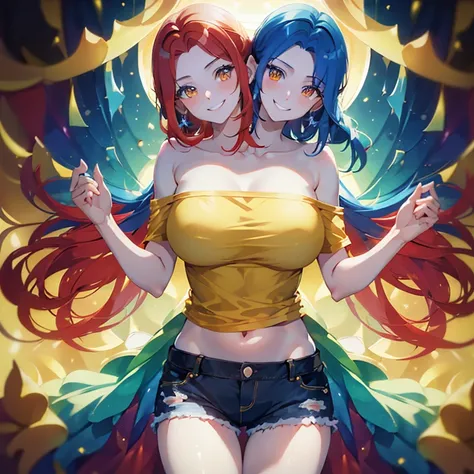 masterpiece, best quality), best resolution, (2heads:1.5), 1girl, red hair, blue hair, yellow eyes, carefree, smiling, yellow t-shirt, black pants, crystal cavern background