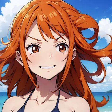 A cute tall girl with long orange hair, Brown eyes, a funny smirk, shes in bikini on the seaside, full body pic