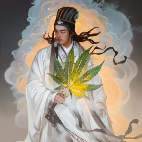 Araf man in white robe holding marijuana leaf, bian lian, Marijuana personification, inspired by Hu Zaobin, guanyu, hua cheng, Inspired by Cao Zhibai, inspired by Wu Daozi, Qigong, Detailed Bushido Foam Smoke, Inspired by Shen Quang, from three kingdoms, f...