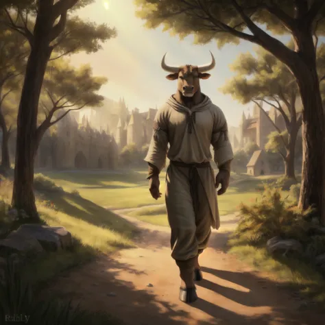 an anthro bull walking along a dirt road during the day, ((nj5furry, solo, walking, masterpiece, anthro, male, bull-face, medium...