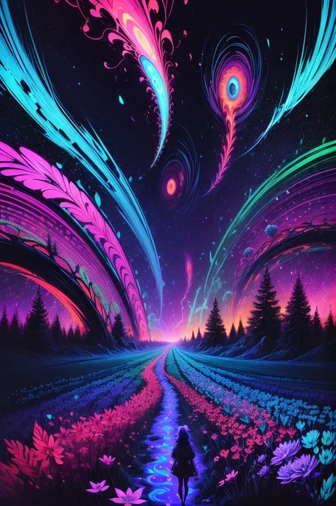 （Girl stands in front of swirl of colorful black light: 1.5），((neon starlight， around flowers，The truth， expecting， depth of fields， insight， Got it， Monte， The Milky Way is lush, translucent cloud， spectrum， in a panoramic view， Interstellar cycles， loopy...