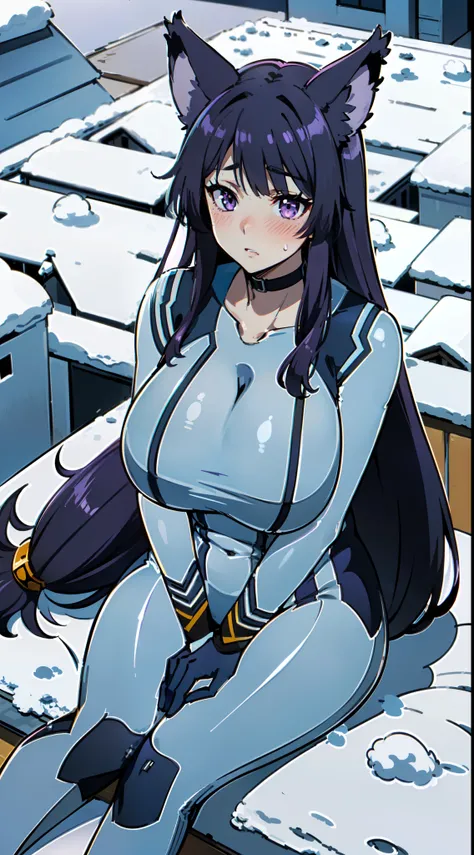 masterpiece, best quality, extremely detailed, anime art style, 1girl, mature female, solo, (huge breasts:1.3), (((purple hair, very long hair, purple eyes, wolf ears, wolf tail))), parted lips, (((covered collarbone, zero suit, blue gloves))), ((blush, sh...