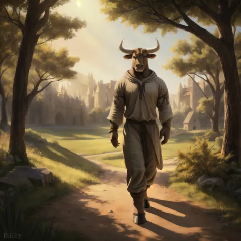 an anthro bull walking along a dirt road during the day, ((nj5furry, solo, walking, masterpiece, anthro, male, bull-face, medium...