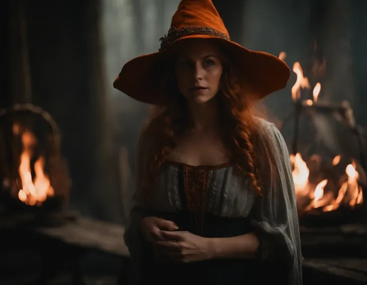 A disturbing trial by fire in a tense, unsettling atmosphere, with historically accurate dialogues, capturing the mood of The Witch, featuring flame orange, style raw