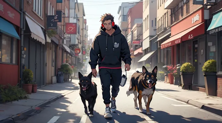 Dog wearing hoodie, converse shoes, walking down city street, standing like human, wearing headphones