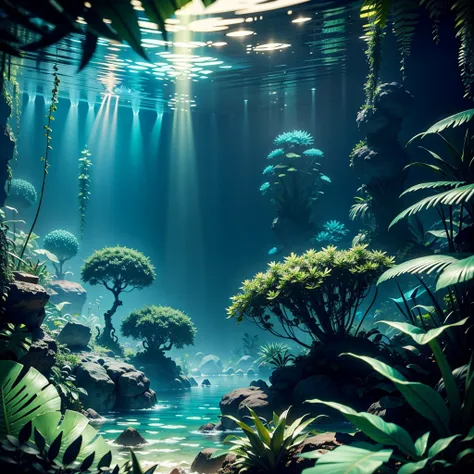 Jungle underwater, Octane render, Cinematic lighting, Macro photography, Macro lens, otherworldly, highly detailed