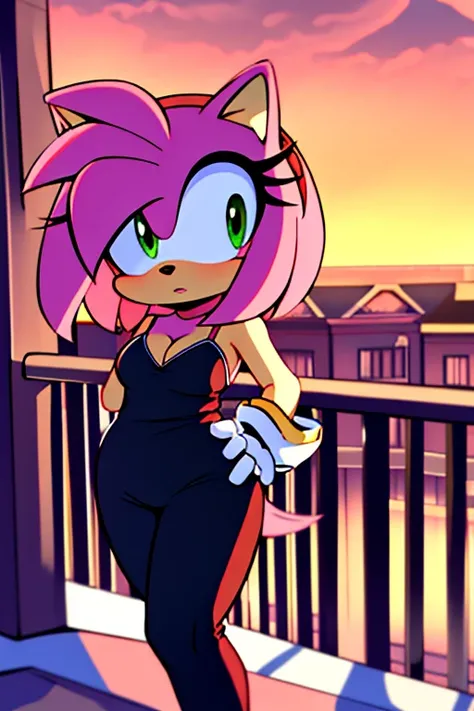 Amy Rose, 1 girl, solo, green eyes, tree, sky, outdoors, cloud, pink hair, sunset, bare shoulders, animal nose, black rubber bodysuit, pink heart on chest, cleavage, white gloves, white knee-high boots, city background, balcony, standing.