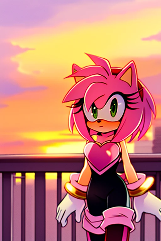 Amy Rose, 1 girl, solo, green eyes, tree, sky, outdoors, cloud, pink hair, sunset, bare shoulders, animal nose, black rubber bodysuit, pink heart on chest, cleavage, white gloves, white knee-high boots, city background, balcony, standing.