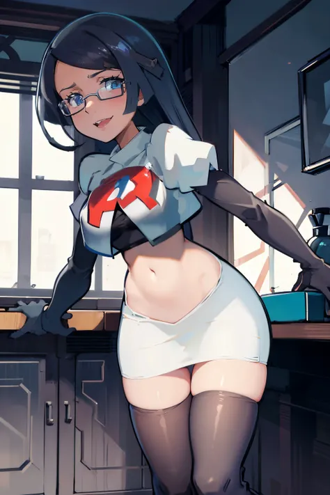 fennel_pk, glasses, team rocket,team rocket uniform, red letter R, white skirt,white crop top,black thigh-highs,black elbow gloves, sinister villianess look,