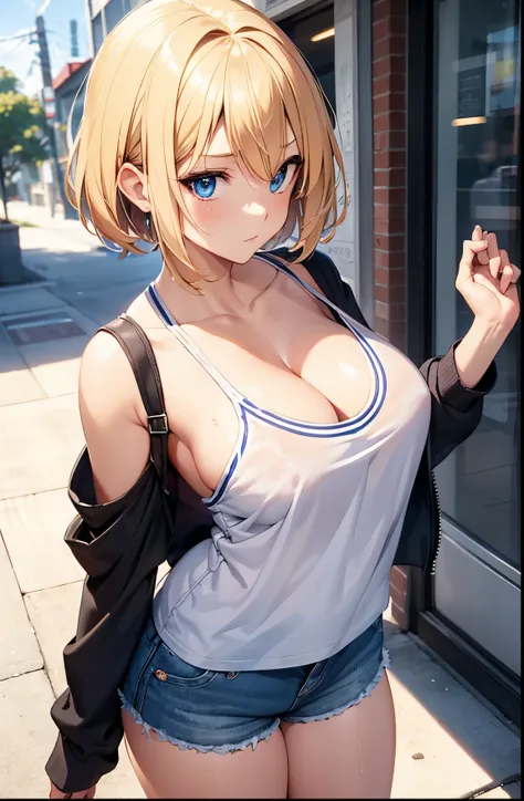 2D Anime Style、Blue eyes、Beautiful shining eyes,  (Talented lo-fi:1.3),breasts are slightly larger、high and beautiful nose,Beautiful face with slender contours,A cool adult woman with short blonde hair and a serious expression looking up......................