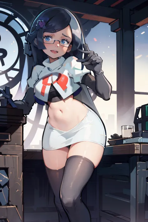 fennel_pk, glasses, team rocket,team rocket uniform, red letter R, white skirt,white crop top,black thigh-highs,black elbow gloves, sinister villianess look,