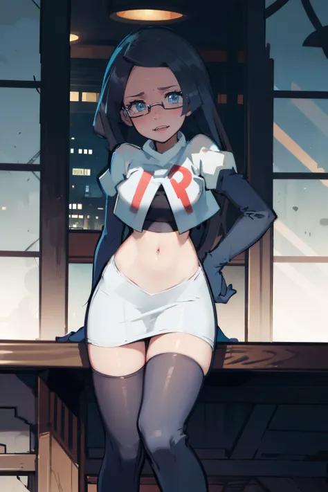 fennel_pk, glasses, team rocket,team rocket uniform, red letter R, white skirt,white crop top,black thigh-highs,black elbow gloves, sinister villianess look,