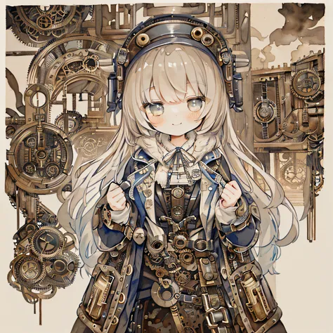 1girl in、(PastelColors:1.3)、(Cute illustration:1.3)、(watercolor paiting:1.1)、A smile、(、patterns、Writing、((Shy face))、Idle Pose、Huge gears background、((Steampunk clothes:1.4)), A smile、Focus on the eyes、A dark-haired：1.3、Shake your head、steampunc：1.8、lookin...