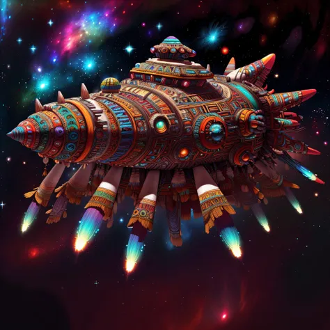 TotemPunkAI aztec  spaceship in space, stars