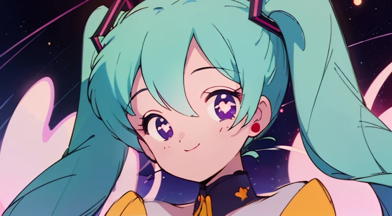 (1girl),(Pop style,flat colors,star pattern,pastel,shiny eyes,Smile,Cosmic atmosphere,colored lineart,outline,simple,Night background, macro shot,pastel night aesthetic),((Masterpiece)), hatsune miku