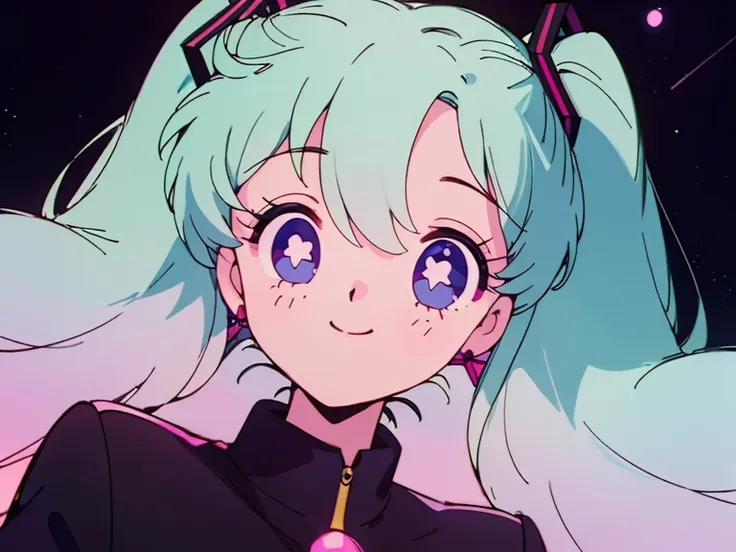 (1girl),(Pop style,flat colors,star pattern,pastel,shiny eyes,Smile,Cosmic atmosphere,colored lineart,outline,simple,Night background, macro shot,pastel night aesthetic),((Masterpiece)), hatsune miku, full height