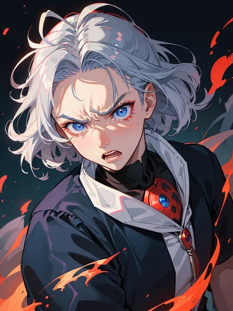 frontal, upper body, (a one, angry:1.5, silver short and frizzy hair boy, blue eyes and shed red tears , shout:1.1), background is volcano, flames raging.masterpiece, beautiful detailed glow.