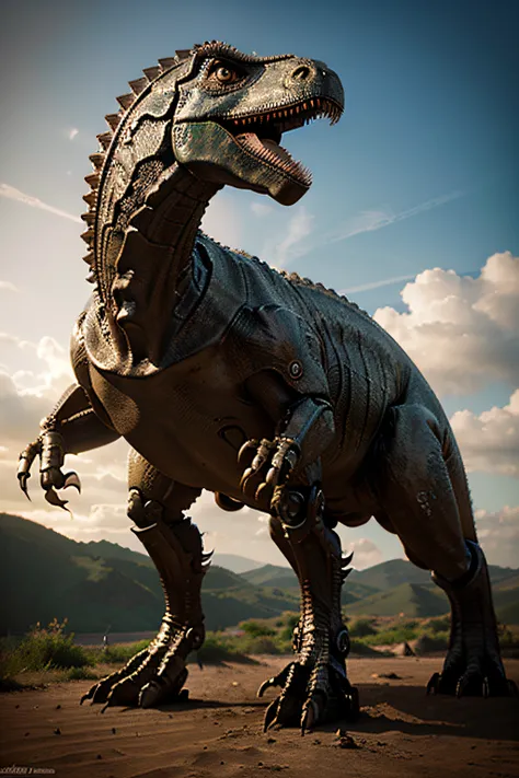 a robot dinosaur with a big head and long neck, Dinossauro Trex, um tiranossauro steampunk, Dino cromado, Trex de Godzilla (2014), Tiranossauro rex, inspirado em Adam Rex, T-Rex, t - rex, Tiranossauro, mecha animal, Described as a 3D rendering, ave de rapi...