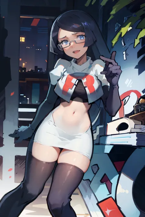 fennel_pk, glasses, team rocket,team rocket uniform, red letter R, white skirt,white crop top,black thigh-highs,black elbow gloves, sinister villianess look,