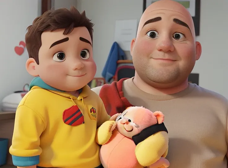 A male child and a fat bald man holding him. With plush in hand.