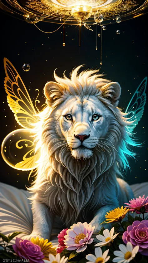 splash art,  luminism, fantasy acrylic, digital painting , a  close up little  cute  magic chibi   fantasy white color lion dog in bed,  flowers,  butterflies, sparks, magic  creature made of colors, big reflective eyes, splash style of colorful paint, pai...