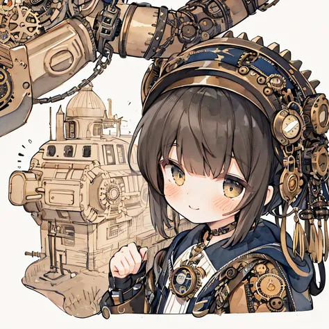 1girl in、(PastelColors:1.3)、(Cute illustration:1.3)、(watercolor paiting:1.1)、A smile、From Side、((Shy face))、gear headgear、Cats ears、Huge gears background、((Steampunk clothes:1.4)), A smile、Focus on the eyes、A dark-haired：1.3、Shake your head、steampunc：1.8、l...