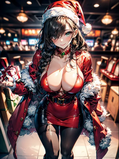 (Scine of Xmas events in Casino:1.3), ((matured girl wearing Sexy Santa clause costume with far:1.3, red dress with green, holding a present box in both hands to give viewers:1.2, close to viewers:1.2)), a matured woman with long black hair and a red outfi...