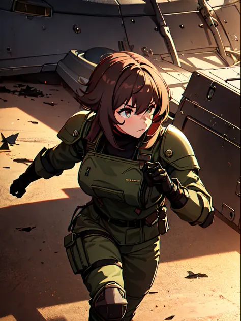 (a) girl soldier in the war, battle-ready, fierce determination, equipped with modern weaponry, military camouflage uniform, arm...