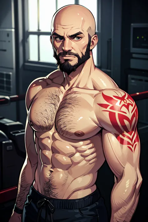 1man, older anime fighter, hazel eyes, tattoos, beard,bald, high res, muscular, ultrasharpe, 8k, masterpiece, looking at viewer