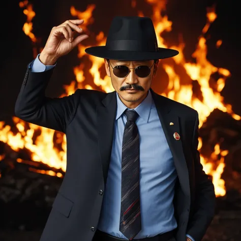 55 years old，Hidetoshi Nakata ，（Kogoro Mouri 1.3), A man in a black suit, necktie, Ray ban sunglasses, tong, mustache，little beard，wizard, can manipulate fire, dark, masterpiece，4k hd