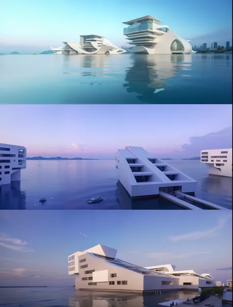 a couple of pictures of a building that is in the water, floating buildings, inspirational architecture, realistic architecture, breathtaking render, cool 3d visualisation, floating palace, award winning architecture, futuristic buildings, floating skyscra...