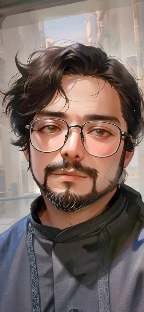 One wears glasses、man with beard,the street，natta，streetview，lamplight，8K selfie photo, 2 8 years old,