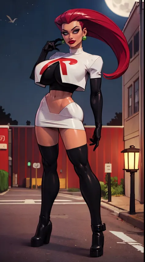 ((Cowboy shot:1.4)) 1 Same Girl , Perfect Beautiful , Pokémon character Jessie, (team rocket uniform) ((Jessie)), ((gigantic breasts:1.2)) (red violet hair), Extreme Detailed Portrait With Bokeh Effect , Realistic Lighting , ( ((black boots)) above knees:1...