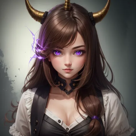 girl with brown hair with highlights , purple glowing eyes, 1 horn