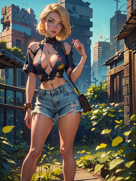 2076 year. The Urban Ruins of the Wasteland, Female huntress picking fruit in the garden, beautiful face, blonde, badly torn shirt and denim shorts , long legs, sweating through, sun rising, Nice warm colors, head to toe, full body shot, pretty hands, per...