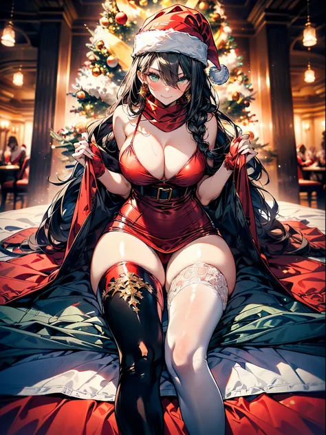 (Scine of Xmas events in Casino:1.3), ((matured girl wearing Sexy Santa clause costume with far:1.3, red dress with green, holding a present box in both hands to give viewers:1.2, close to viewers:1.2)), a matured woman with long black hair and a red outfi...