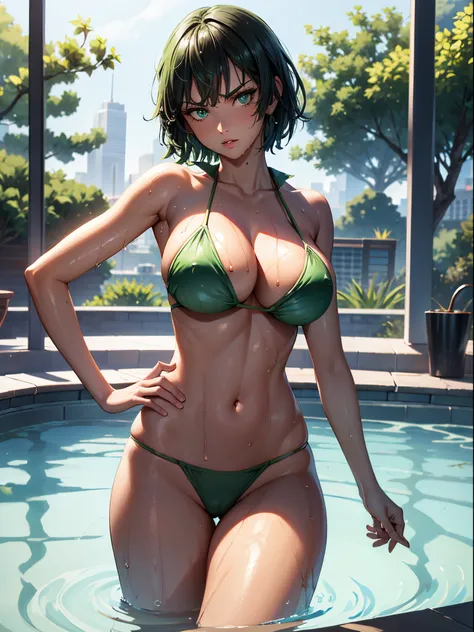 1girl, short green hair, green eyes, ((white bikini, standing, hands on hips, thighs focus, smug, in a pool, wet body)), curvy figure, overlooking city, blush, day 

BREAK 

(((Masterpiece))), ((Highly detailed character)), ((perfect eyes)), ((perfect face...