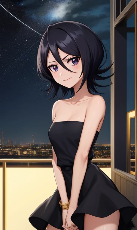 anime screencap, cityscape background, dim lights, rooftops, balcony, veranda, night falls, stars sparkling, 1 girl, solo, smile, short hair, black hair, purple eyes, hair between eyes, bare shoulders, bare neck, standing, black dress, strapless tube dress...