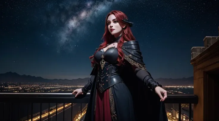 an image of a beautiful exquisite female vampire standing under the starry night sky on the balcony of her castle, Dynamic angle (ultra detalhado, master part, best quality), Face Ultra Detalhada (ultra detalhado, master part, best quality), ultra feminino...