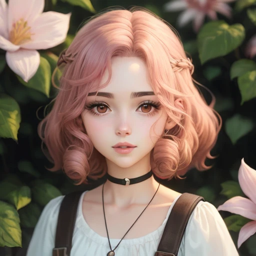 Menina de anime com cabelo cor de vinho com brinco olhos vermelhos e segurando uma flor