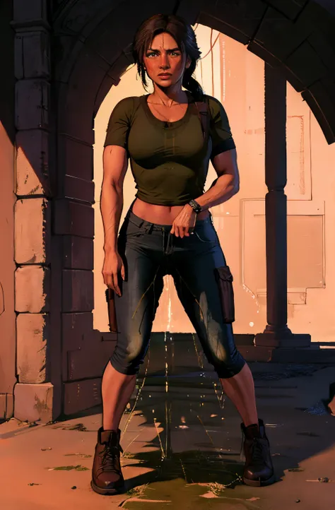 Full body portrait of 1 accurate lara croft, textured skin), (comics style), (((desperately have to pee, detailed facial expressions))), (peeing self, peeing, wetting self), ((wet dark pee stain)), (blushing), worried, embaressed