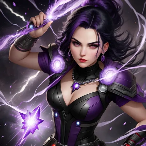 girl with black and purple hair, 25 years old, with the power of the Avengers Power Jewel