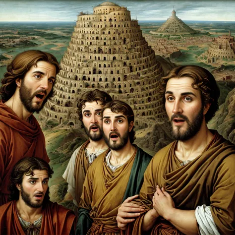 biblical times. men with surprised faces. tower of babel in the background.