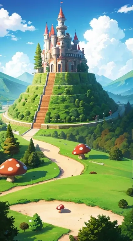 Anime Mushroom Kingdom: A kingdom where mushrooms of various sizes and colors dominate the landscape.