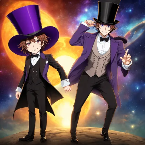 Generates a dream anime-style full-body image of a brown-haired man, ojos azules, esmoquin morado con grandes solapas, top hat and wearing a purple decorated theater mask cut in half