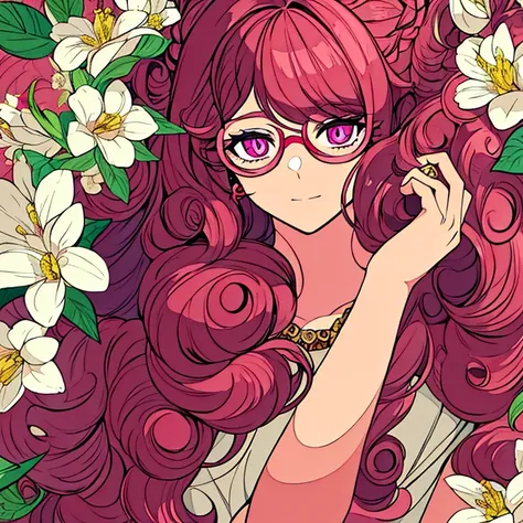 Woman wearing glasses with pink eyes, long curly hair and a flower earring in her ear