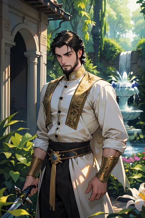 In a peaceful garden, a solitary knight roams. The knight is dressed in medieval attire, wearing a sophisticated blouse and pants adorned with intricate patterns. His jet-black hair cascades down his broad shoulders, while a well-groomed beard adds to his ...