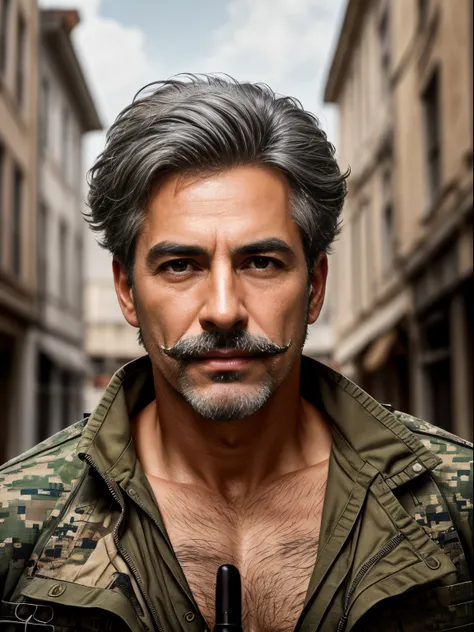 masterpiece, best quality, high resolution, closeup portrait, male focus, solo focus, A man, 60 years old, grey hair, with military clothes, soldier, grey silver hair, messy hairstyle, cute and seductive face, bare chest, body hair, facial hair, roman nose...